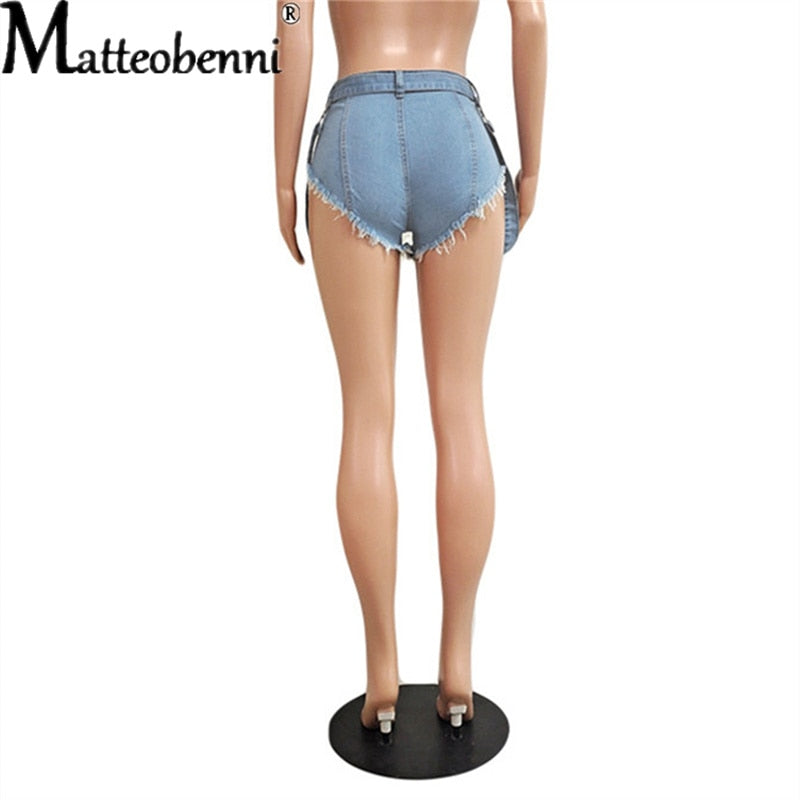 Ripped Hollow Shorts Jeans Pants Casual High Waist Denim Rhinestone Tassel