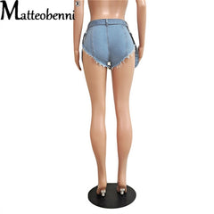2022 Summer Women Ripped Hollow Shorts Jeans Pants Casual High Waist Denim Shorts Sexy Rhinestone Tassel Nightclub Short Jeans