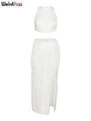 Weird Puss 2 Piece Set Patchwork Vacation Women Zipper Sleeveless Vest+Side Split Skirt Solid Stretch Skinny Sexy Matching Suit