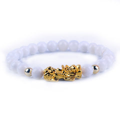 Unisex Stone Beads Bracelet Wristband Gold Color Six Character Proverbs Wealth and Good Luck