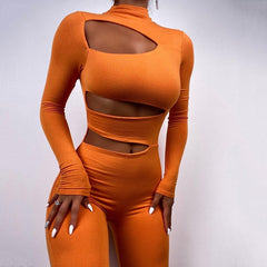 Hollow Out Jumpsuits Sexy One Piece Outfit Long Sleeve Bodycon Jumpsuit