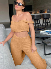 NewAsia Fluffy Two Piece Set Lounge Sexy 2 Piece Set Women Sweater knit Set Tank Top And Pants Casual Homewear Outfits Home Suit