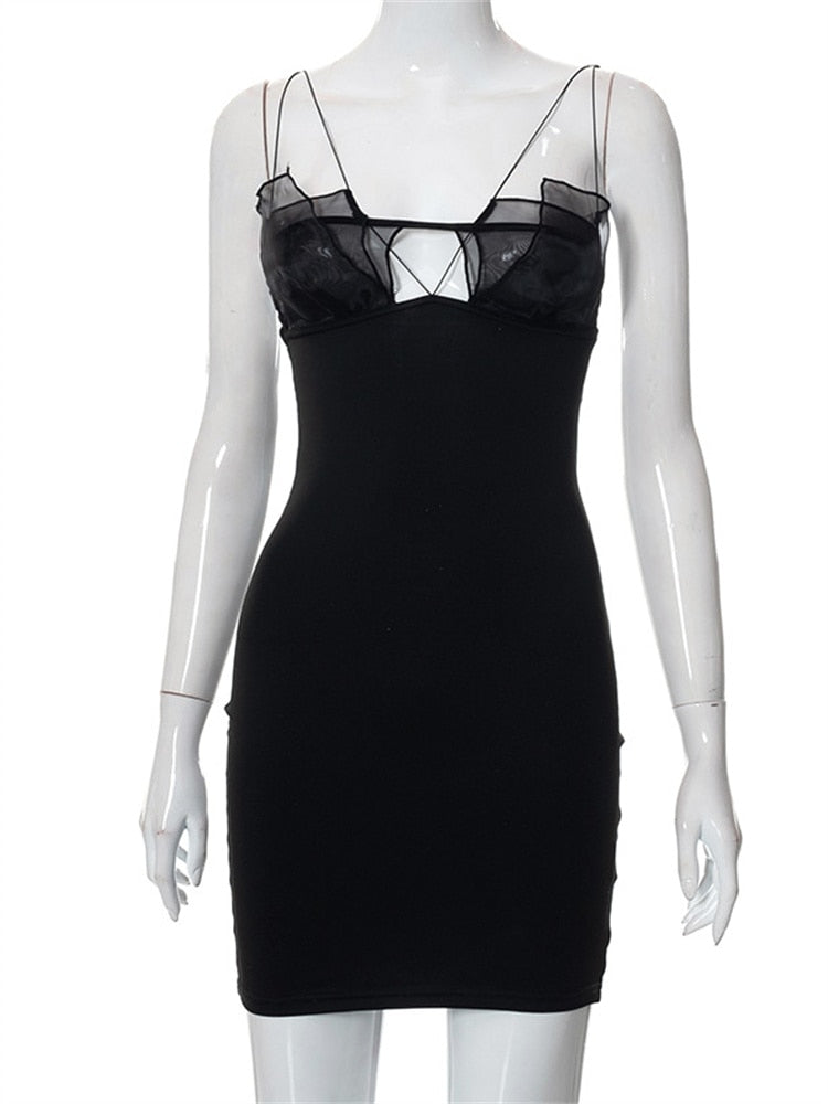 CHRONSTYLE Mesh Patchwork Push Up Women Dress Elegant Party Wear 2022 Sleeveless Strap Black Solid Color Short Mini Pencil Dress
