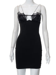 CHRONSTYLE Mesh Patchwork Push Up Women Dress Elegant Party Wear 2022 Sleeveless Strap Black Solid Color Short Mini Pencil Dress