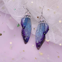 Handmade Butterfly Wing Drop Earrings with Foil Rhinestones