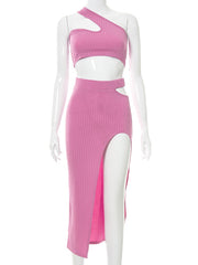 Women Two Piece Set Knitted Pink Outfits One Shoulder Cut Out Bustier Crop Top+High Waist Irregular Split Midi Skirt 2022 Spring