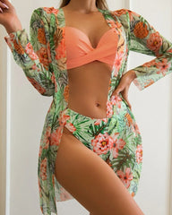 Floral Print Bikini Set - Low Waist Twist Swimsuit Long Sleeve Cover Up Three Pieces Beach Bathing Suit