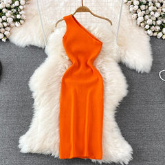 Sexy One Shoulder Crochet Bodycon Dress Chic Knitted Elegant Midi Dress
