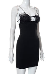 CHRONSTYLE Mesh Patchwork Push Up Women Dress Elegant Party Wear 2022 Sleeveless Strap Black Solid Color Short Mini Pencil Dress