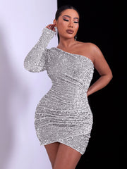 Yissang Elegant Dress Black One Shoulder Sexy Cocktail Dress Summer Dress Fashion Irregular Sleeveless Sequin Dress For Party