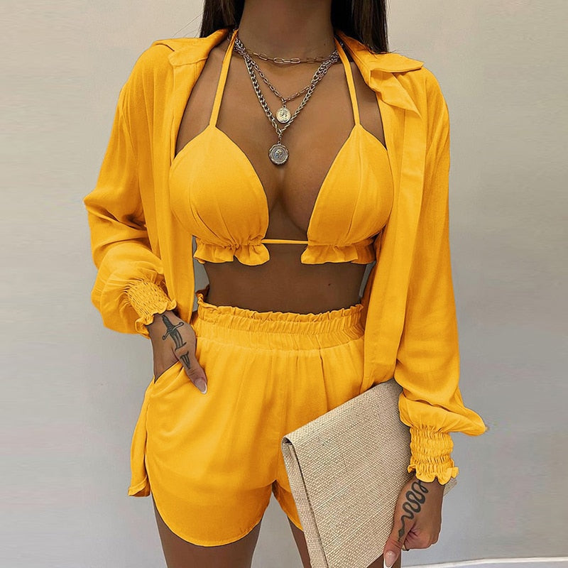 Lantern Sleeve Shirt &amp; Pocket Design Shorts Sets With Frill Hem Crop Top Main image