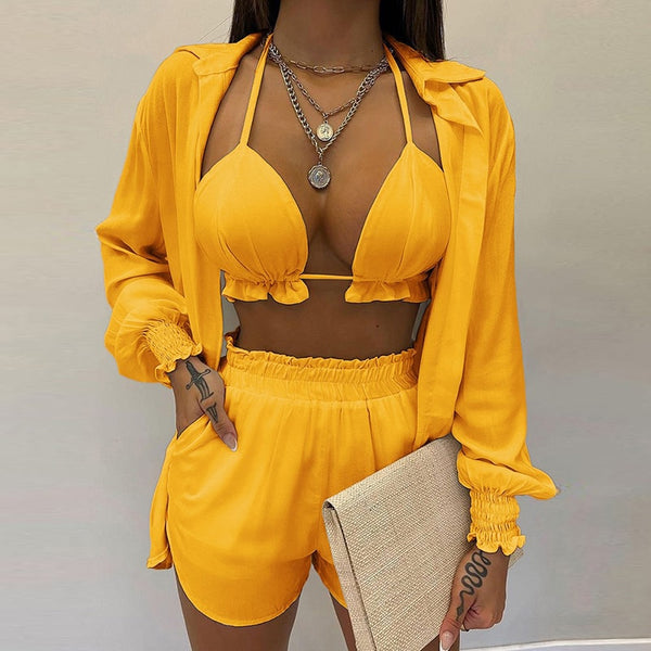 Lantern Sleeve Shirt &amp; Pocket Design Shorts Sets With Frill Hem Crop Top