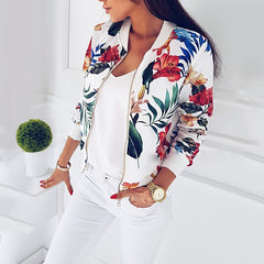 Women Floral Printed Jackets Spring Autumn Long Sleeve Zipper Bomber Outwear Casual Pocket Slim Streetwear Female Plus Size Coat