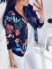 Women Floral Printed Jackets Spring Autumn Long Sleeve Zipper Bomber Outwear Casual Pocket Slim Streetwear Female Plus Size Coat