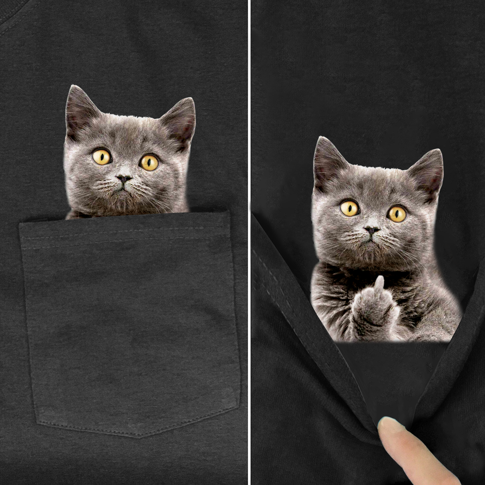 Animal T-Shirt Pocket Cat Stickers Printed T-shirt Tops Funny Cotton Tees Main image