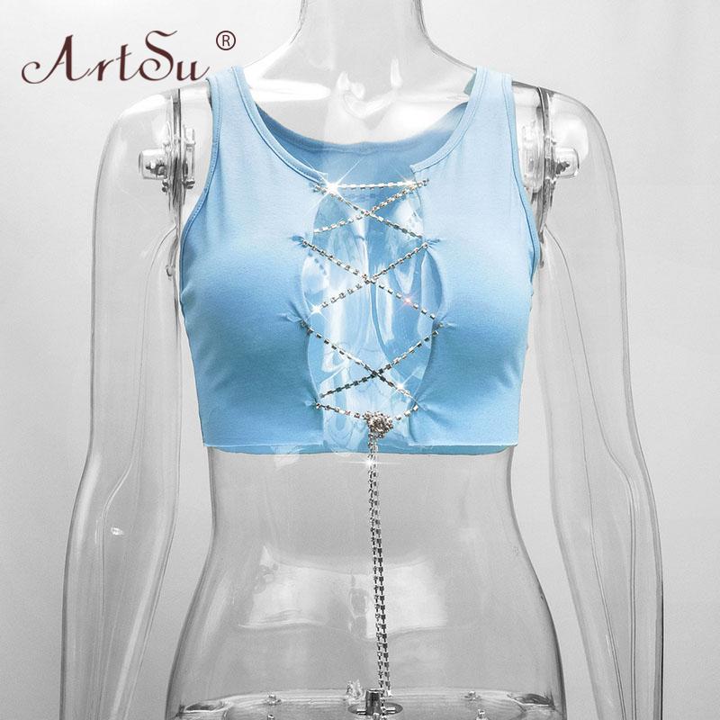 ArtSu Red Black White Metal Chain Sleeveless Crop Top Sexy Clubwear Women Adjustable Lace Up Hollow Out Tank Tops Tees Camisole