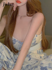 Jielur Sexy Y2K Floral Two Piece Top Pant Set Women Korean Casual High Street Summer Suit Elegant Mini Top Long Wide Leg Pants