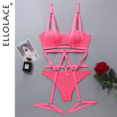 Ellolace Sensual Lingerie Bandage Transparent Erotic Underwear 3 Piece Bilizna Set Underwire Bra Garters Briefs Sexy Intimate