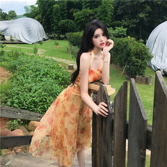 Women Midi Floral Halter Slip Dress Summer 2022 Vintage Painting Flowers Backless Casual Party Night Vacation Runway Vestidos