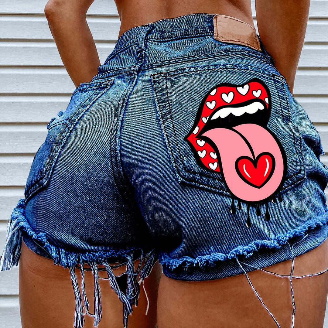 Hot summer women's shorts pockets, printed pattern, big stone love, ripped raw shorts INS influencer