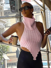 Kliou Knitted Worsted Vest For Women Fashion Irregular Shape Cut Out High Street Style Top Cascading Turtleneck Sleeveless Wear