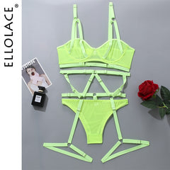 Ellolace Sensual Lingerie Bandage Transparent Erotic Underwear 3 Piece Bilizna Set Underwire Bra Garters Briefs Sexy Intimate