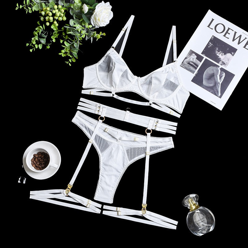 MeiKeDaiNicey Luxury Lingerie 3 Piece Sexy Transparent Lace Underwear Sensual Patchwork Short Skin Care Kits Garters Exotic Sets