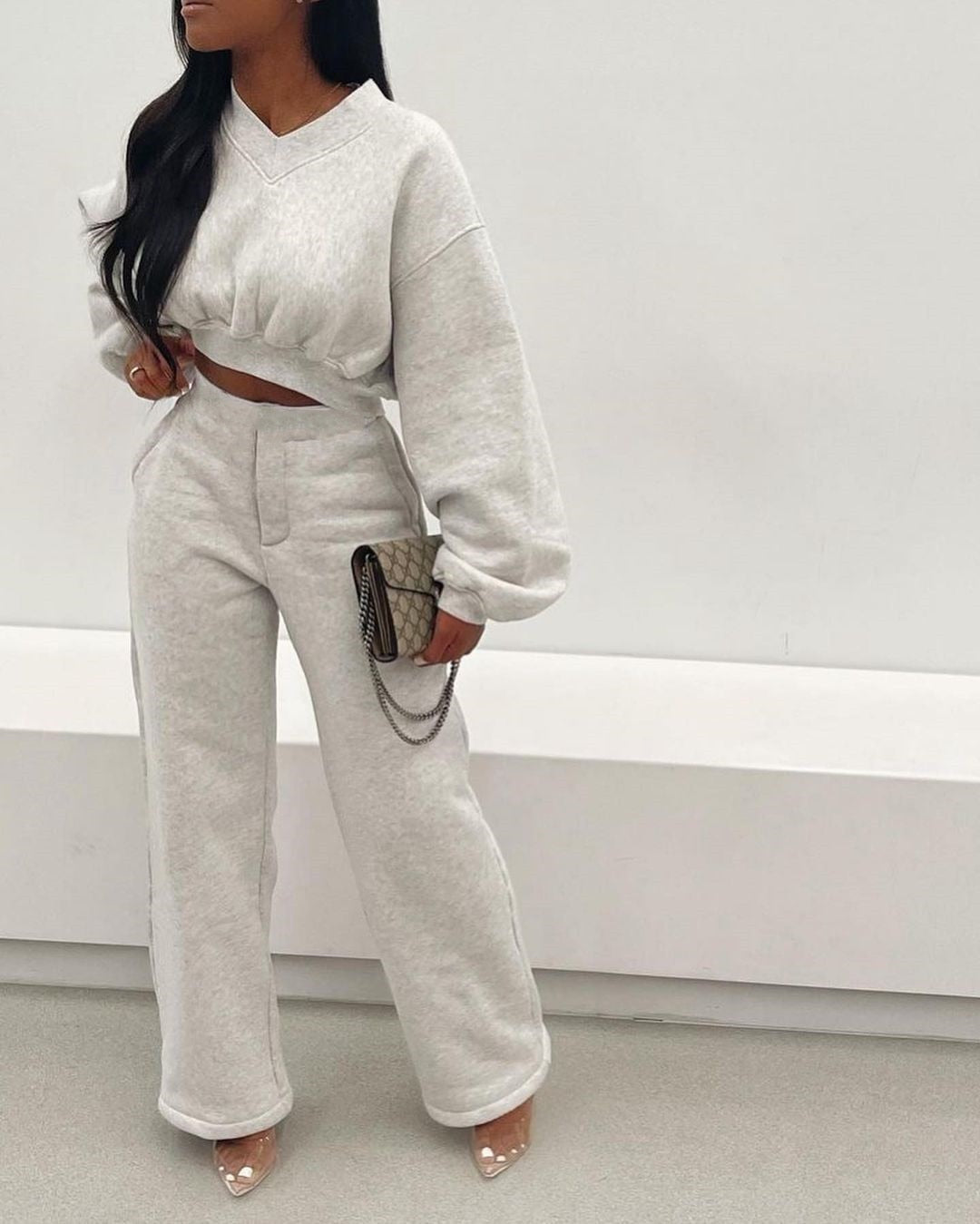 Casual Tracksuit Two Piece Set Shirt + Long Pants Solid Color Pulf Sleeve Streetwear Clothes Main image
