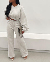 Casual Tracksuit Two Piece Set Shirt + Long Pants Solid Color Pulf Sleeve Streetwear Clothes