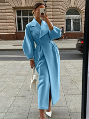 Autumn Women Woolen Coat Thick Lapel Lantern Sleeve Office Lady Long Jackets Double-Breasted New in Outerwears Female Coats