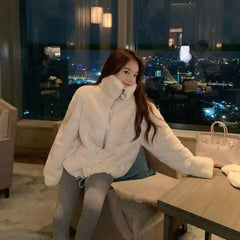 Women&#39;s Winter Jacket Fashion Solid Color Faux Fur Coat Korean Version Loose Simplicity Stand-up Collar Women&#39;s Clothing Coat