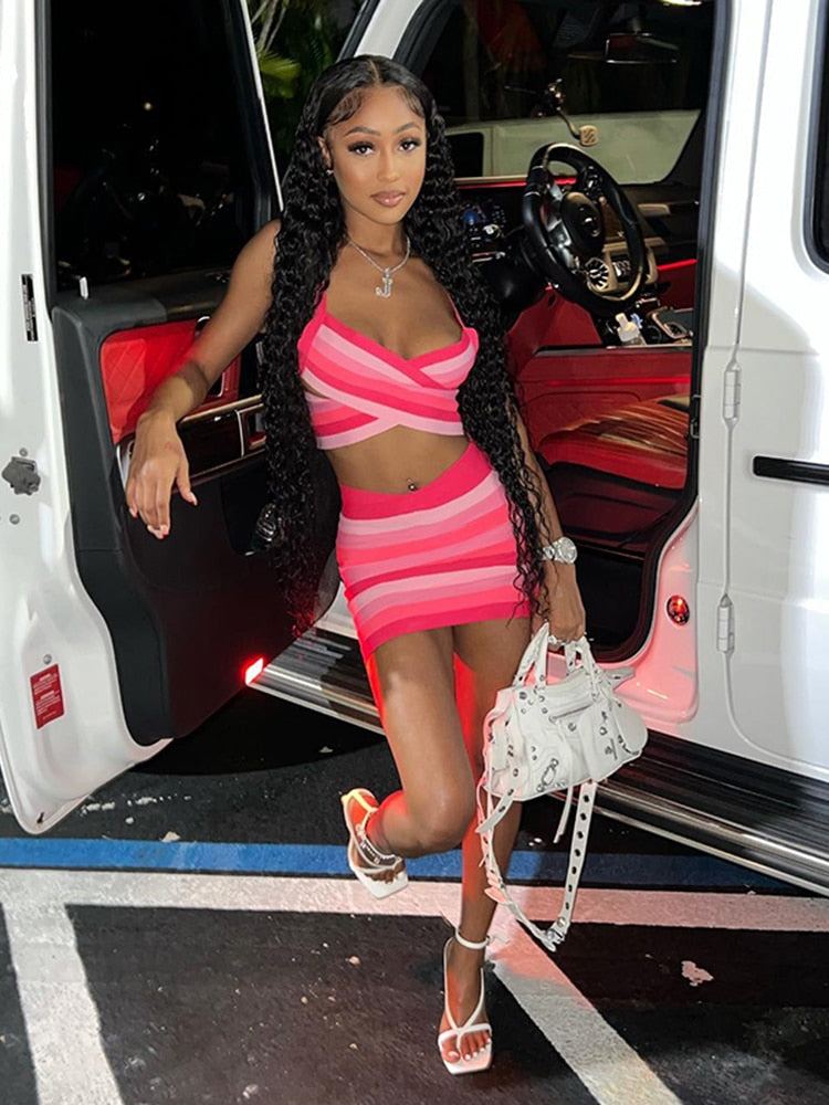 Kliou Pink Striped Two Piece Set Woman 2022 Outfits Casual Hipster Spaghetti Strap Skinny Tops+Fashion Clubwear Female Hip Skirt