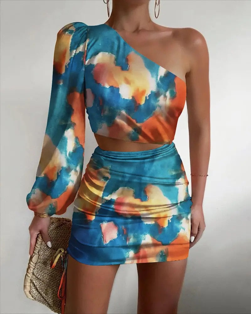Women Floral Print Long Sleeve Slim Fit Dress Daily Wear Puff Lantern Sleeve Cutout One Shoulder Bodycon Dress