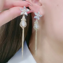 Exquisite Opal Flower Earrings Rhinestone Long Tassel Zircon Earrings