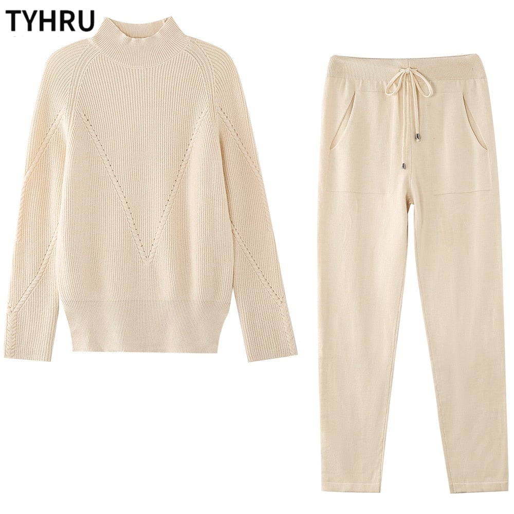 TYHRU Autumn Winter Women Sweater Tracksuit Leisure Hemp Flower Half-High Collar Pullover+Knitted Trousers Suits 2-piece Set