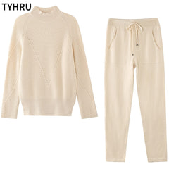 TYHRU Autumn Winter Women Sweater Tracksuit Leisure Hemp Flower Half-High Collar Pullover+Knitted Trousers Suits 2-piece Set