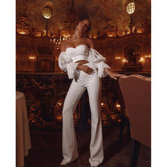 Sexy Ruffle Puff Sleeve White Bandage Set Women Off Shoulder Top Bodysuit and Long Flare Pants 2 Piece Set Sexy Celebrity Party