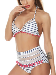2022 Sexy Halter Retro Mesh Hollow Out String Biquini Bath Suit Swimsuit High Waist Pompones Pom Swimwear Women Triangle Bikini