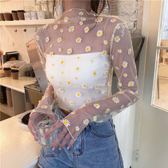Fashion Floral Perspective Blouse Shirt Casual Sesy Mesh Sunscreen Tops Casual Summer Ladies Female Women Long Sleeve Blusas