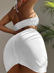 Ring Linked Halter Bikini Ribbed Bikini High Waist Swimsuit 3 Pieces Mesh Skirt