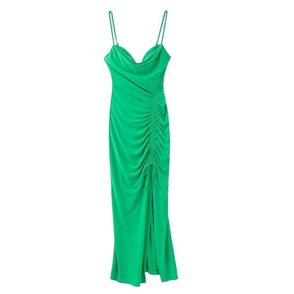 Dresses For Women Party Cowl Neck Sleeveless Spaghetti Strap Summer Midi Dress Ruched Drawstring Front Slit Sexy Bodycon Dress