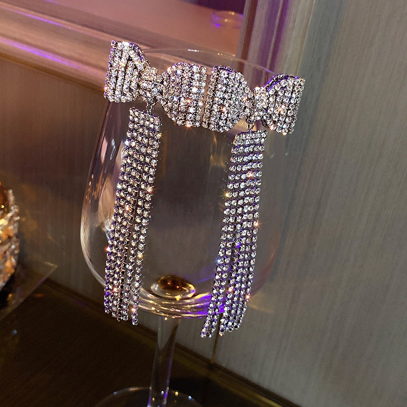Evangeline Bow Tassel Crystal Earrings