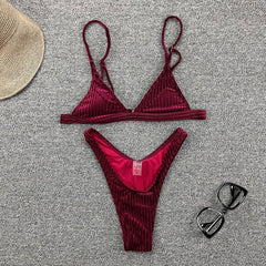 Sexy velvet ribbed swimsuit women Triangle micro bikini set Solid swimwear 2021 High cut swimming Bathing suit Beachwear Biquini