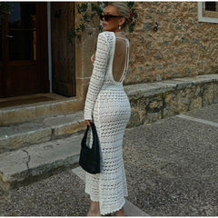 Hollow Out Backless Knitted Dress Long Sleeve Lace Up Mix Dress