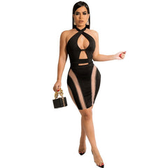 Sexy Backless Halter Bodycon Midi Dress 2022 Patchwork Hollow Cut Out Elegant Bandage Party Dress for Women Summer Club Outfits