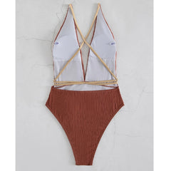 Solid Strapped Swimwear Sexy High Waist Cut One Piece Backless Hollow Belt Bathing Suit