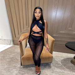 Sexy Hot Nightclub Women Cross Halter Mesh Outfits Women Bodysuits