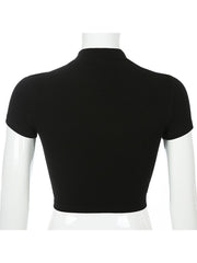 Sweetown Black Gothic Sexy Women Basic Tshirt Short Sleeve Techwear O-Neck Tee Shirt Femme Summer Crop Tops With Buckle Ribbon