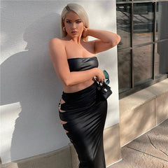 Graceful in Leather: The Two-Piece Skirt and Crop Top Set