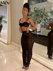 Kliou Mesh Two Piece Set Women Summer Sexy Wrapped Camisole+Bodycon See Through Pleated Skirt Maching Dress Suit Girl Clubwear
